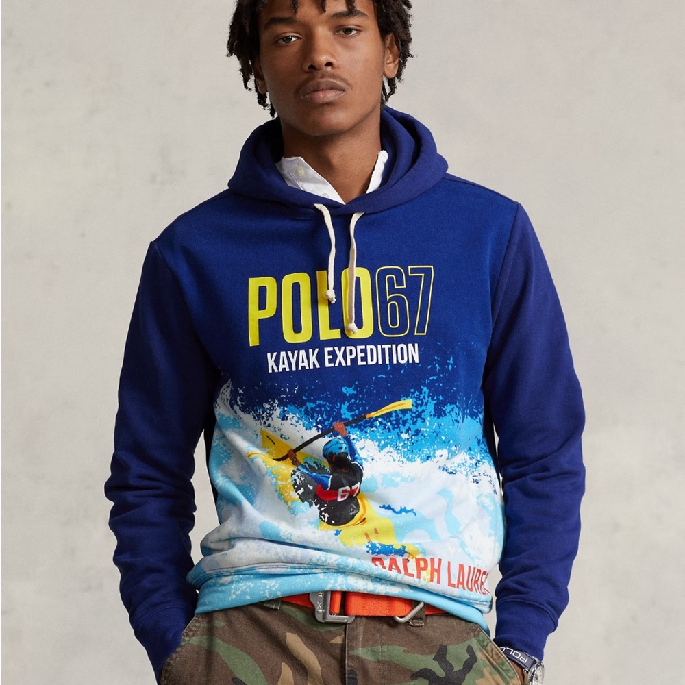 This is a Polo Ralph Lauren Kayak Expedition graphic fleece hoodie in blue.